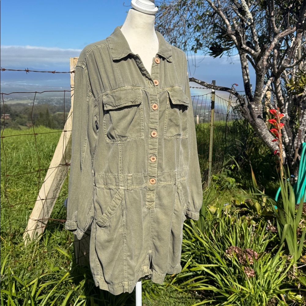 Free People Beyond Horizons Harem Shortall Romper Khaki Utilly Linen blend Small - Picture 4 of 8
